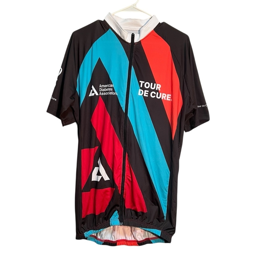 Eversole Run Unisex Sz XL Tour De Cure 2025 Bike Shirt Black Colorblock Striped